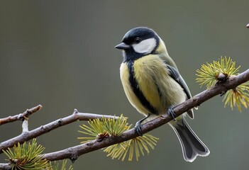 Obraz premium A close-up photo of a Great Tit perched on a tree branch with its feathers fluffed up