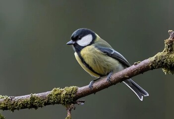 Obraz premium A close-up photo of a Great Tit perched on a tree branch with its feathers fluffed up