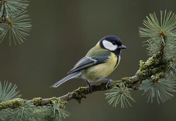 Obraz premium A close-up photo of a Great Tit perched on a tree branch with its feathers fluffed up