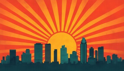 Fototapeta premium A vibrant sunset silhouette of a city skyline against a bold, sunburst backdrop, representing urban beauty and tranquility.