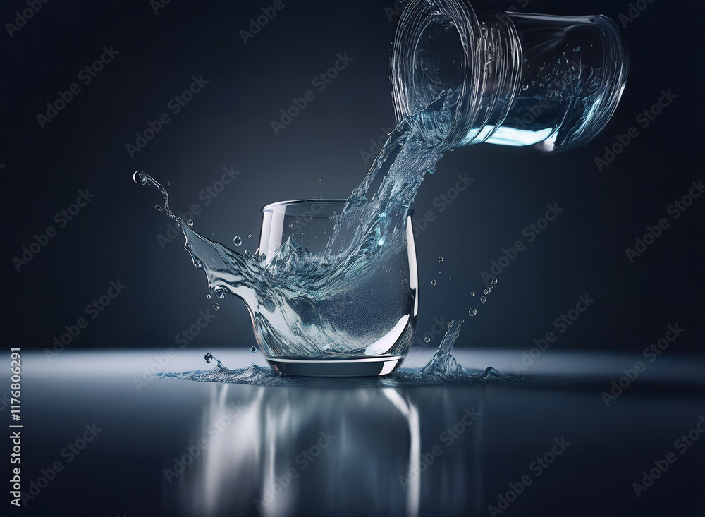 Poster water pours from a glass bottle into a glass, creating a dynamic splash and ripple effect. the scene