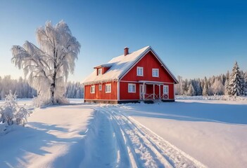 A snowy landscape with a small red house surrounded by trees