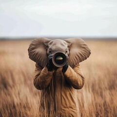 Fototapeta premium A whimsical photo of a person with an elephant head holding a camera in a grassy field.