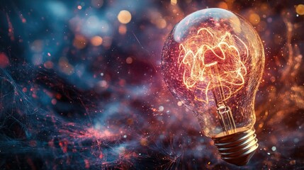 an abstract portrayal of a lightbulb exploding into a swirl of colorful particles and threads. Each thread forms intricate, fractal-like patterns in glowing shades of gold, red, and purple