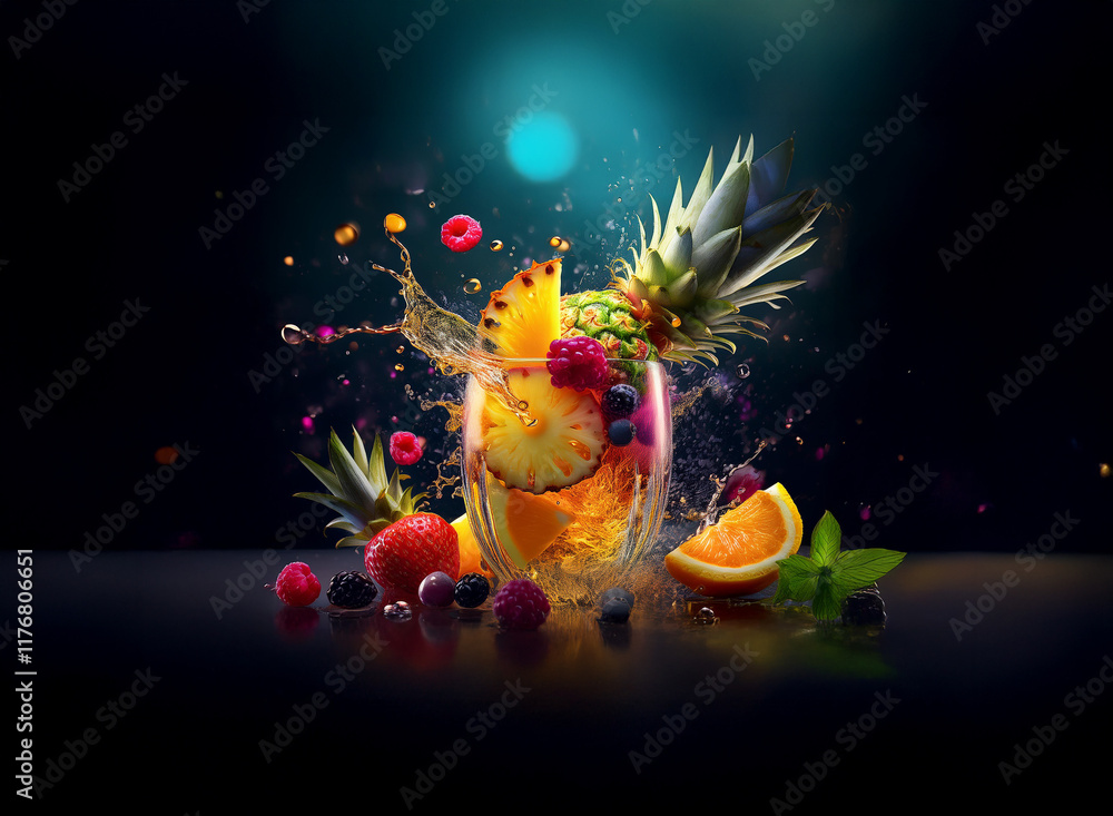 Poster vibrant tropical fruits explode from a glass, creating a dynamic splash of color and juicy refreshme
