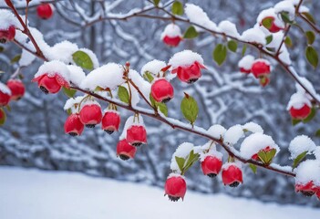 Close-up of a branch with red berries and snow on it