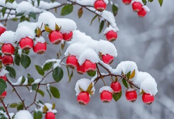 Close-up of a branch with red berries and snow on it
