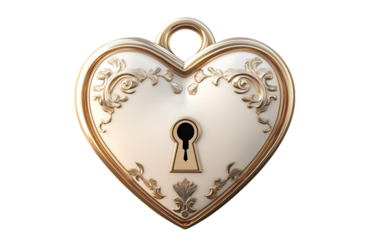 Ornate heart shaped lock with decorative gold accents isolated white transparent background. Represents love, security, and romance concepts