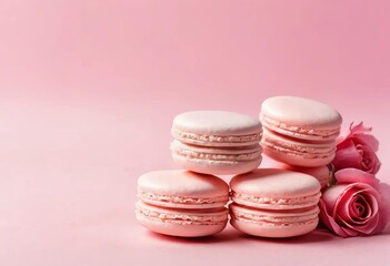 A close-up of heart-shaped macarons on a pastel pink background with rose petals scattered around...