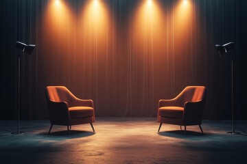 Conversations Illuminated Podcast or Interview Room with Chairs and Spotlights Wide Banner for Media Concepts with Copyspace.