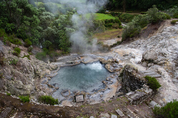 Fumaroles in Furnas hot geo thermal springs, São Miguel Island, Azores, Portugal. Caldeira do...