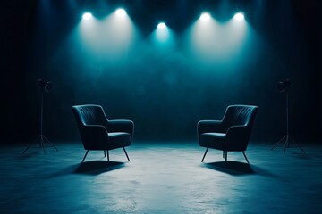 Conversations Illuminated Podcast or Interview Room with Chairs and Spotlights Wide Banner for Media Concepts with Copyspace.