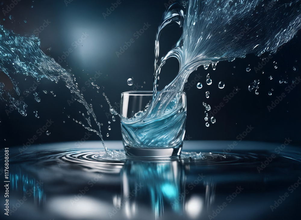 Poster dynamic splash of water erupting from a glass, creating a mesmerizing visual of fluidity and motion 