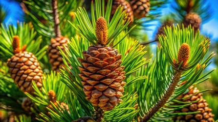 Fototapeta premium Majestic pine needles and textured bark dominate this panoramic close-up, capturing the forest's grandeur.