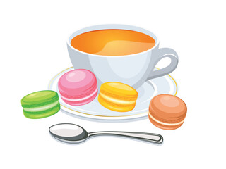 Cup of tea and colorful macarons vector illustration. Tea cup and french macaroons icon set vector isolated on a white background. Pink, green, yellow and brown macarons drawing
