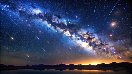 Fototapeta premium A serene landscape with a vast expanse of dark sky and countless twinkling stars, with a few shooting stars streaking across the horizon , space, universe