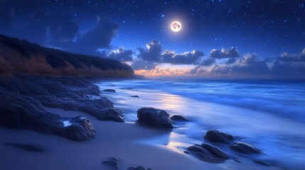 Naklejka premium Serene night scene of a moonlit beach with gentle waves, dark rocks, and a starry sky.