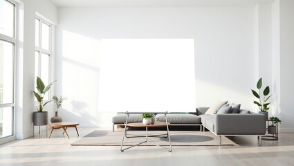 Modern living room with large blank canvas and sectional sofa