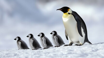 Obraz premium An emperor penguin leads four chicks across a snowy landscape.