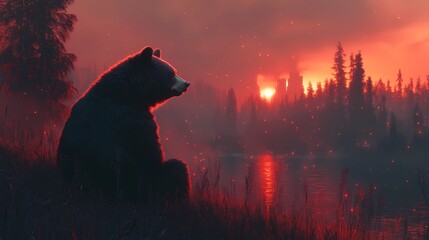 Bear walking  in the wild , comic book style
