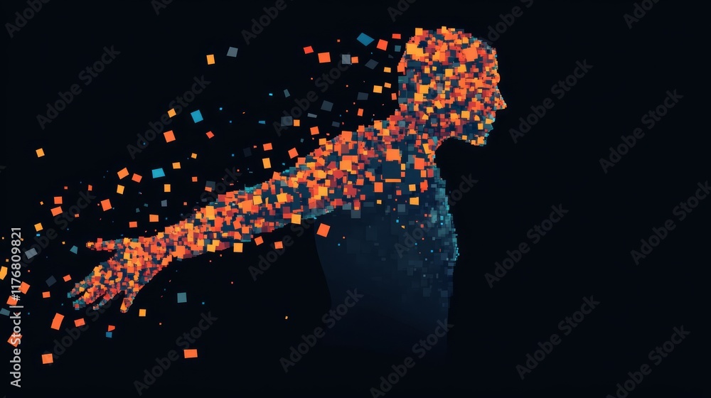 Poster a digital figure composed of colorful particles in motion.