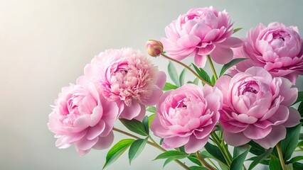 Obraz premium Pastel pink peony flowers with delicate green leaves and stems , blossom, blossoms, blossom, blossoms, floral, petals, garden