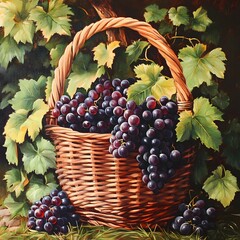 An illustration of ripe grapes basket wine nature photo during sunset in the vineyard
