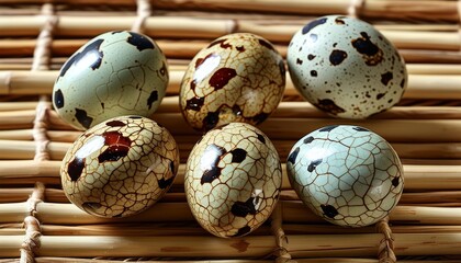 Top View of Cracked Quail Eggs on Bamboo Mat with Tea Elements in Natural Setting
