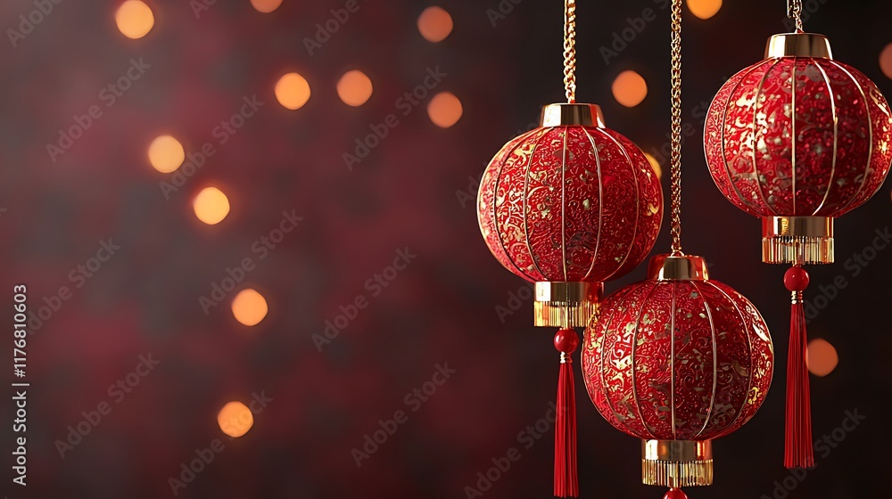 Poster three ornate red lanterns hang against a dark background adorned with soft bokeh lights, evoking a f