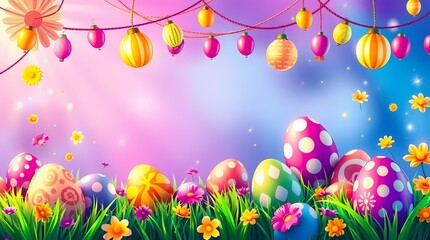 Easter Egg Hunt: A whimsical illustration of colorful Easter eggs nestled in a vibrant meadow, adorned with festive lights and flowers. Perfect for Easter cards, banners, and springtime celebrations.