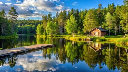 Fototapeta premium A serene cottage surrounded by tall trees and lush greenery in a rural Finnish landscape, with a wooden dock extending into a calm lake on a sunny day , cottage, lake