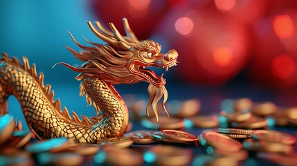 Fototapeta premium A majestic golden dragon surrounded by coins, symbolizing wealth and prosperity, with a vibrant background of red and blue hues.