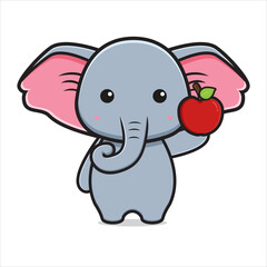 Cute elephant holding apple character cartoon icon illustration