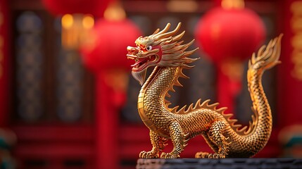 Fototapeta premium A golden dragon figurine stands majestically against a backdrop of red lanterns, symbolizing power and good fortune.