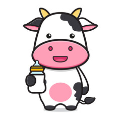 Cute cow holding milk character cartoon icon illustration