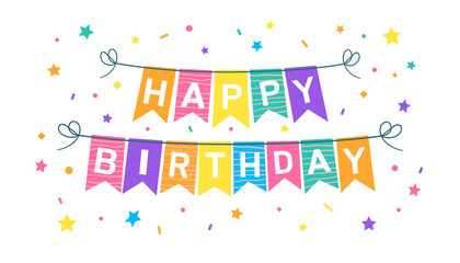 Colorful Happy birthday party banner. Flags isolated on white background.