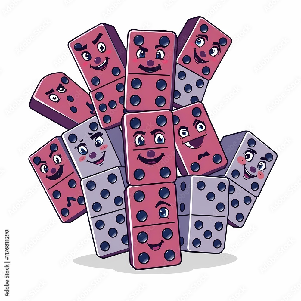 Poster dominoes with personalities: a cluster of dominoes, each with a unique and expressive face, forms a 