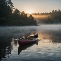 A canoe gliding silently across a foggy river at sunrise.