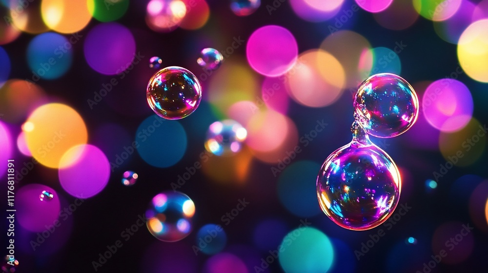 Poster colorful iridescent bubbles floating against a vibrant bokeh background.