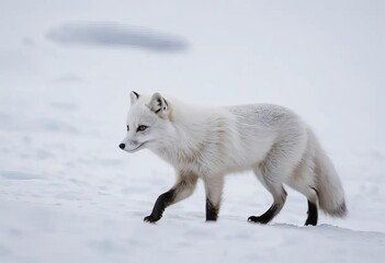 An arctic fox walking in a snowy landscape with mountains in the background