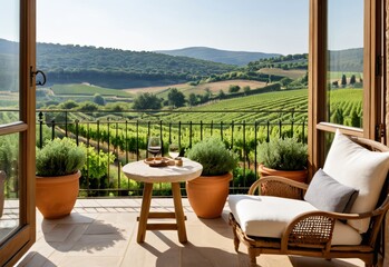 A hotel balcony reflecting the rustic charm of the French countryside, featuring a floor made of natural stone, wooden railings and comfortable lounge chairs with cushions made of linen or cotton