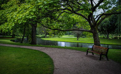 Tranquil park pathway with a view of a serene pond surrounded by lush greenery and a wooden bench...