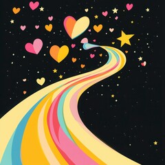 Colorful Heart and Star Journey Across a Bold Dark Sky Background