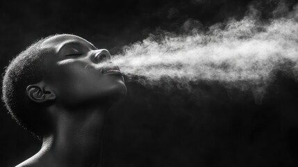 Obraz premium Woman exhales vapor, dark background, artistic portrait, advertising