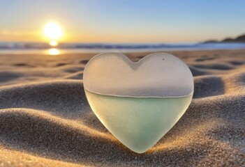 Fototapeta premium A heart-shaped piece of sea glass on a sandy beach with a colorful sunrise or sunset in the background