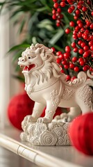 A decorative white lion statue surrounded by red ornaments and greenery, symbolizing protection and prosperity.