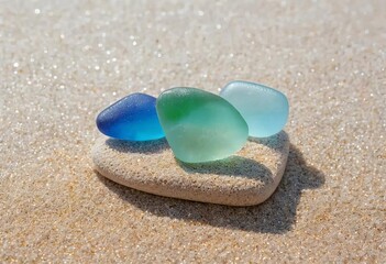A collection of colorful sea glass on glittery sand with the ocean in the background.