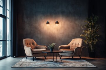 Cozy minimalist studio. Empty studio without people. Studio for podcasts or interviews. Stylish studio. Two comfortable armchairs with lighting and a coffee table
