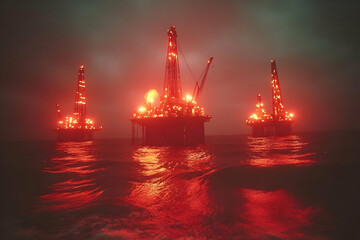 Fototapeta premium Night Offshore Oil Rigs Illustration