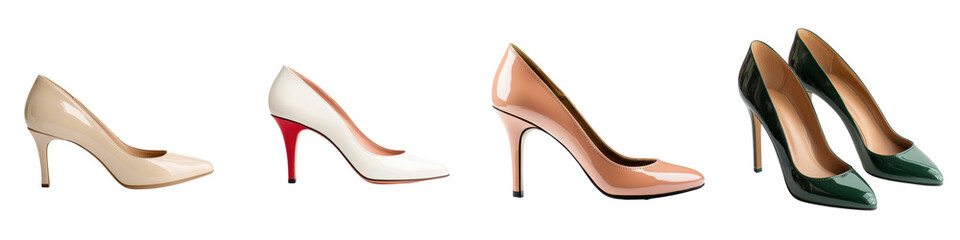 A diverse collection of stylish and fashionable high heeled shoes including pointed toe pumps stilettos and platforms in various colors and materials such as leather suede and patent leather